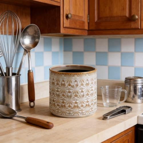 Utensil Holder Utensil Crock Rustic Embossed Ceramic Kitchen Utensil Holder – Farmhouse Decorative Countertop Organizer for Cooking Tools, Flowers, Coffee Pods, 5.3”x5.3” Vintage Beige - Thumbnail 5