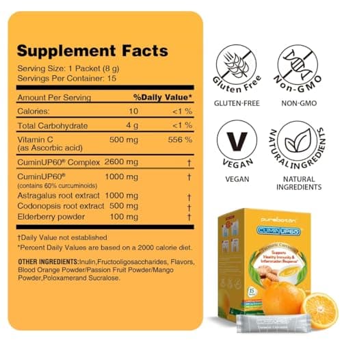 PureBotan Turmeric Curcumin Drink Powder, Turmeric Immunity Shots with Vitamin C, Orange Flavor Instant Drink Mix Packets, High Absorption Curcumin Complex CuminUP60, Immune & Joint Support Supplement - Thumbnail 5