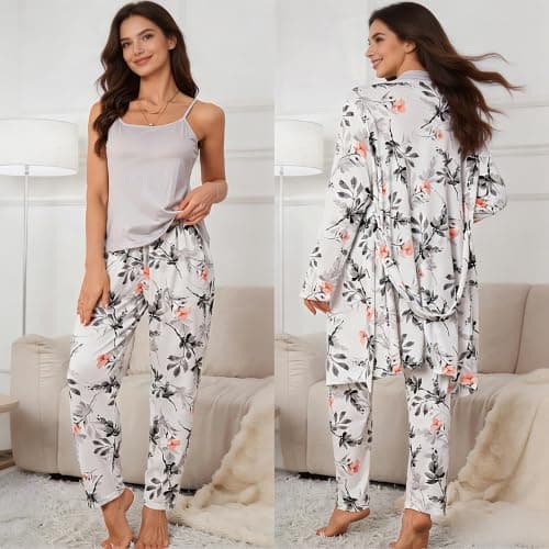 Eternatastic Women's 3 Piece Knit Lounge Set Pajama Long Sleeve Cardigan Sleeveless Top Pants Pjs Sets XL Grey Floral - Thumbnail 2