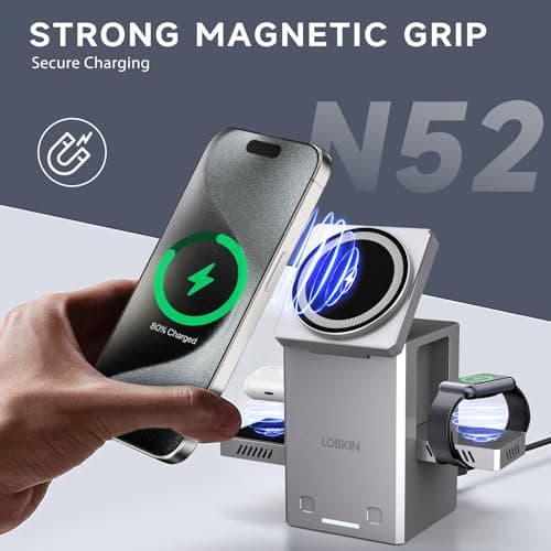LOBKIN 3 in 1 Wireless Charging Station for Apple Multiple Devices, 15W Fast Foldable Magnetic Charger Stand for iPhone 16 15 14 13 12 Pro Max, Apple Watch Series 10/9/8/Ultra, AirPods - Silver - Thumbnail 4