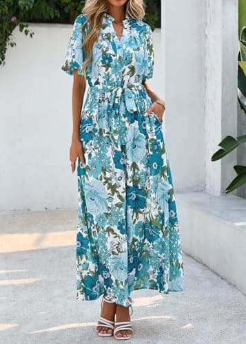 KIRUNDO Women Spring Summer Wedding Guest Boho Floral Maxi Dress Puff Sleeve Button Shirt V Neck Flowy Beach Vacation Dress(Blue Green, Small) - Thumbnail 5