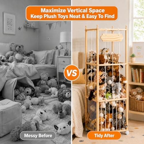 Stuffed Animal Storage - Wooden Large Organizer Holder for Kids' Room and Playroom - Plush Zoo Animals Holder with Elastic Cords & Brake Wheel for Toddler Bedroom Toy Stuff Organization - Thumbnail 2