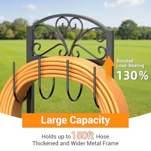 Oursieez Garden Hose Holder for Outside - Freestanding Metal Water Hose Holder Stand Holds 151ft, Heavy Duty Garden Hose Storage Hanger Rack for Outdoor Yard Patio - Thumbnail 6