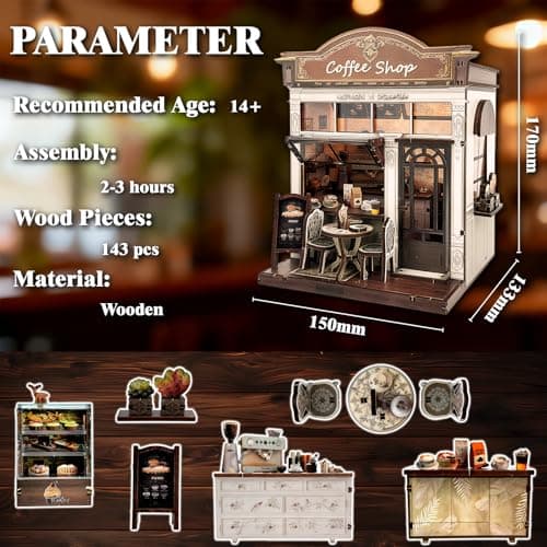 Joibabe 3D Wooden Coffee Shop Book Nook Kit - DIY Miniature Model with LED Lights, 143 Precision-Cut Pieces for Adults & Teens (1:24 Scale, Stress Relief Craft Gift) - Thumbnail 3
