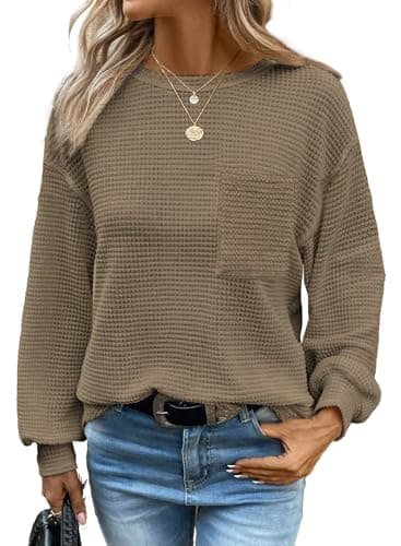 Dokotoo Women's Clothing Blouses Crewneck Long Sleeve Tops Waffle Shirts Top for Women Plus Size Clothes 2026 Summer Spring Sweaters Lightweight Fashion Trendy T Shirts Womens Crewneck Shirts