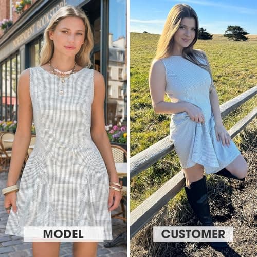 EXLURA Womens Summer Casual Cotton Gingham Dresses Back Elastic Waist Sleeveless Faux Linen Elegant Mini Short Beach Dress White - Thumbnail 2