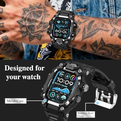 Deczone Band with Rugged Case Compatible with Apple Watch Bands 44mm (Series SE 6 5 4), Sport iwatch Bands Protective Bumper Cover for Men (44mm Silver) - Thumbnail 3