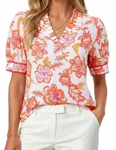 GRACE KARIN Women Boho Floral Tops, Summer Puff Short Sleeve Dressy Casual Shirts, 2026 Spring V Neck Vacation Work Blouse Pink White L - Image 1