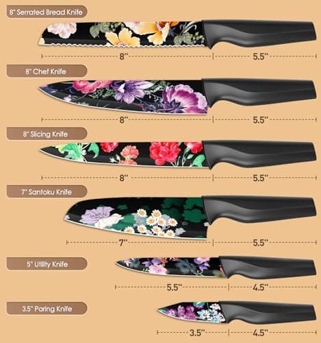 Astercook Knife Set, 12-Piece Flower Kitchen Knives Sets with Blade Guards, Dishwasher Safe, German High Carbon Stainless Steel, Perfect Gifts for Kitchen - Thumbnail 2