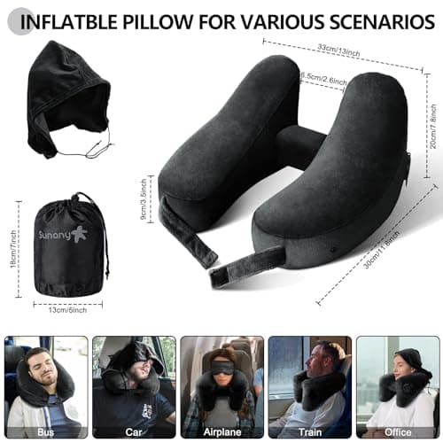 Neck Pillow for Travel Inflatable Airplane Pillow Comfortably Supports Head,Neck and Chin,Inflatable Travel Pillow with Soft Velour Cover,Hat,Portable Drawstring Bag (Black) - Thumbnail 6