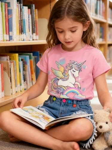 Funnycokid Little Girls Shirt Size 6 7 Kids Pink Tees Unicorns Bubbles Animal T-Shirt Graphic Short Sleeve Clothes Tops - Thumbnail 2