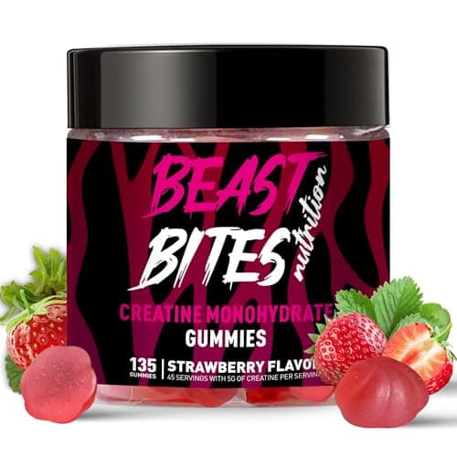 BEAST BITES Nutrition Creatine Monohydrate Gummies for Men & Women - 5g of Creatine Monohydrate per Serving - Sugar Free,Vegan, Strawberry Flavor, 135 Count (45 Servings). - Image 1