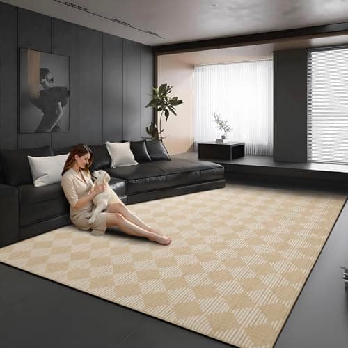 Washable Rug 8x10 – Soft Textured Area Rug with Non-Slip Backing, Modern Luxury Checkered Design, Machine Washable Carpet Perfect for Living Room, Bedroom, and Dining Room, Beige - Thumbnail 2