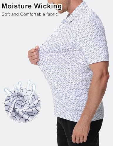 Cotrasen Golf Polo Shirts for Men Print Short Sleeve Moisture Wicking Performance Soft Breathable Top Tee Shirts White L - Thumbnail 5