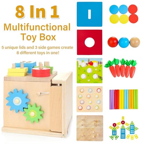 Kizfarm Wooden Montessori Baby Toys, 8-in-1 Wooden Play Kit Includes Object Permanent Box, Coin Box, Carrot Harvest, Shape Sorting & Stacking - Birthday Gift for Boys Girls Toddlers - Thumbnail 2