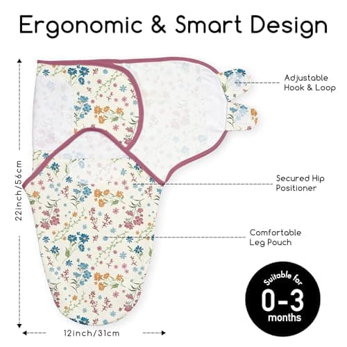 CIVARUA KIDS Baby Swaddles for Newborn Organic Cotton,Soft & Snug Newborn Velcro Swaddle 0-3 Months Sleep Sack Helps Calm Startle Reflex, 2-Pack Wrap Nursery Swaddling Blankets Country Floral - Thumbnail 2