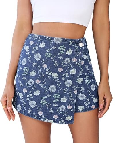 luvamia Concert Outfits for Women Womens Skirt Denim Skirt Women Womens Jean Shorts Skorts Denim Blue Jean Skort High Waisted Skort Darkness Blue Floral Large - Image 1