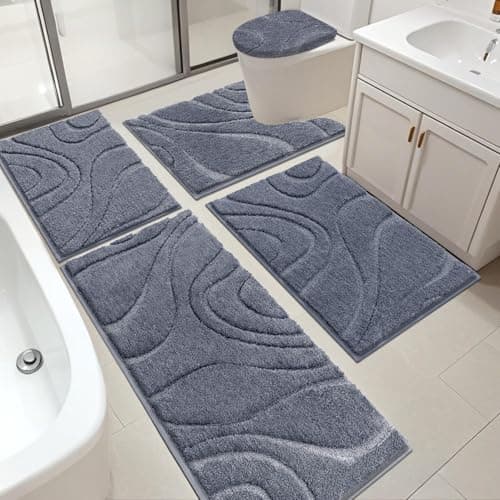 HEBE Bathroom Rugs Sets 5 Piece, Soft Absorbent Microfiber Bath Mat for Bathroom, Non Slip Washable Bath Rug Set with Toilet Cover, Bath Runner and U-Shaped Contour Toilet Rug, Dark Grey - Image 1