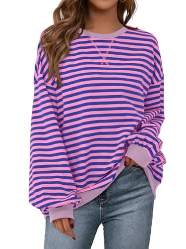 PRETTYGARDEN Womens Striped Oversized Sweatshirt Color Block Crew Neck Long Sleeve Casual Loose Pullover Top Y2K Clothes (Blue Pink, Medium) - Image 1