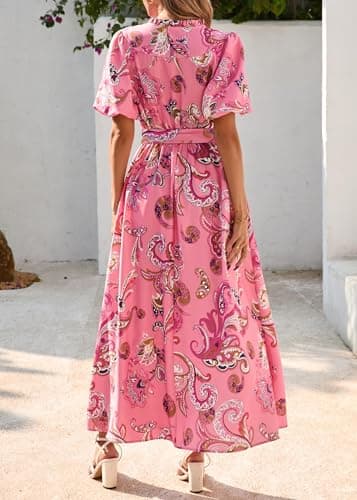 KIRUNDO Women Spring Summer Wedding Guest Boho Floral Maxi Dress Puff Sleeve Button Shirt V Neck Flowy Beach Vacation Dress(Pink, Small) - Thumbnail 2