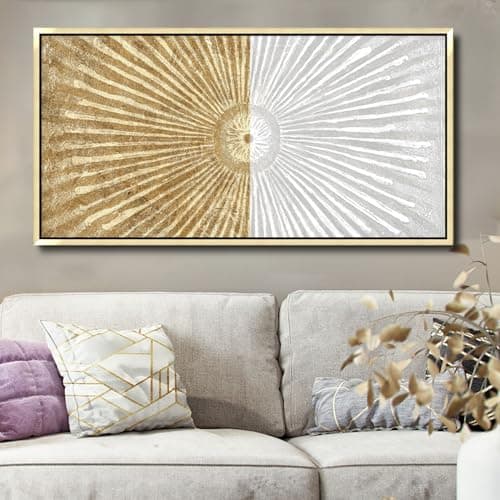 20"x40" Framed Canvas White and Gold Wall Art Symmetrical Line Abstract Modern Wall Decor Art for Living Room Bedroom Bathroom Office Wall Decor - Image 1