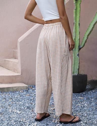 LOMON Women's Linen Pants Casual Loose Palazzo Harem Pants Wide Leg Pants Drawstring Travel Beach Pants(Orange and White Plaid,M) - Thumbnail 3