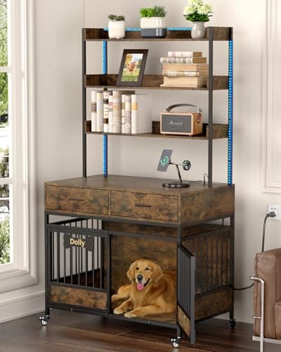 Petrova 40" Dog Crate Furniture with LED Light & Power Outlets, Heavy Duty Indoor Dog Kennel for Small/Medium Dogs, Wooden Dog Cage with Open Shelves, Storage Drawers, Lockable Wheels, Brown - Image 1