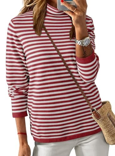 Dokotoo Womens Lightweight Oversized Sweaters Casual Pullover Sweater Fashion Long Sleeve Jumpers Tops Sweaters Spring 2026 Turtleneck Pullover Shirts Red Striped XX-Large - Thumbnail 2