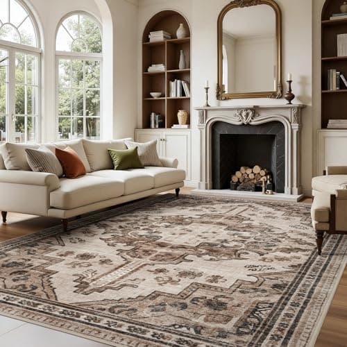 Joydeco 6x9 Area Rugs for Living Room, Non Slip Machine Washable Vintage Rug, Low Pile Chenille Print Rugs for Bedroom, Dining Room, Home Office, Pet & Child Friendly, Light Coffee - Image 1