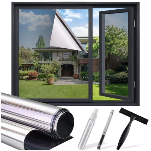 One Way Privacy Window Film - Reflective Window Tint for Home Heat Blocking & UV Protection, See Out Not in Mirror Daytime Privacy Static Clings for House & Glass Doors, 3 Tools, Silver(17.5"x78.7")