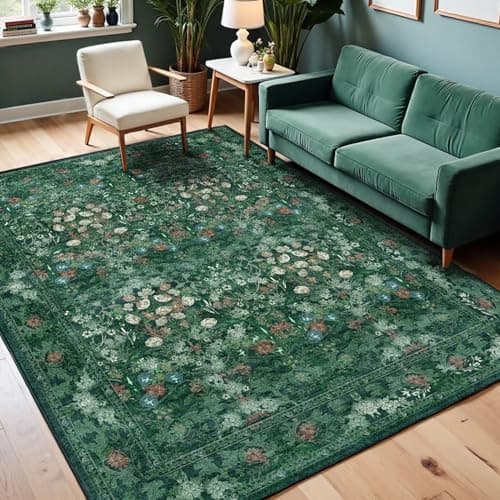 Green Dining Room Rugs for Under Table, Washable Boho Floral 6x9 Area Rug for Living Room, Bedroom, Nursery, Home Office - Vintage Distressed Low Pile Non Slip Carpet, French Country Art Deco Mat - Thumbnail 3