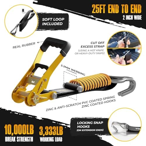 TorkStrap Pro 25' x 2'' Self Tensioning Ratchet Straps (10,000LB Break Strength) - Adjusts to Load Shifts - Heavy Duty & Industrial Use - Extra Soft Loops - Heavy UTV, Cargo, ATV, Trucks (4-Pack) - Thumbnail 4