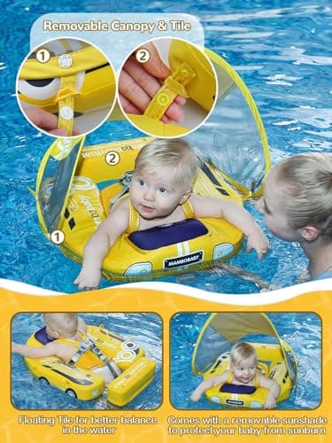 Mambobaby Baby Pool Float with Canopy, Kalolary Non-Inflatable Baby Swim Float Infant Swim Trainer Ring Toddler Pool Float with Adjustable Strap & Tile for 3-24 Months Age Boys Girls (Yellow Car) - Thumbnail 4