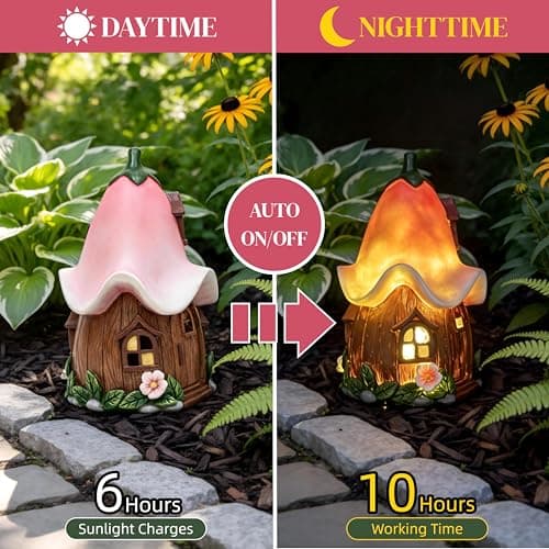 Solar Fairy Garden House, Whimsical Flower Cottage Fairy Figurines with Automatic Solar Lights, Hand-Painted Resin Garden Statue Unique Gift for Outdoor, Patio, Yard Art, Balcony, Porch Decor - Thumbnail 4
