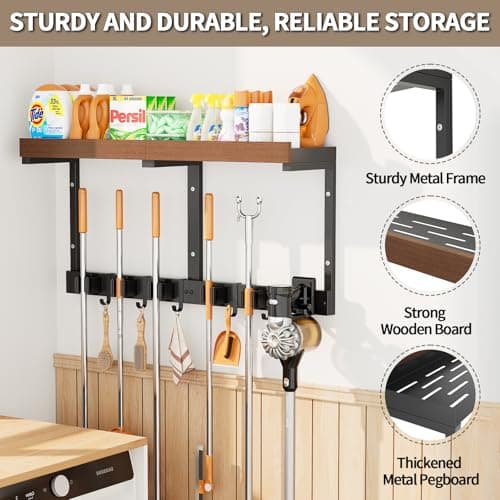 Broom Holder Wall Mount with Cleaning Supplies Organizer, Laundry Room Shelves with Mop Hanger Rack Gripper Hooks and Vacuum Organizer, Broom and Mop Organizer Wall Hanging for Home Garage Kitchen - Thumbnail 3