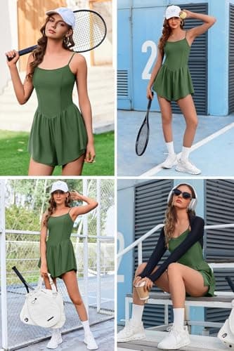 Ekouaer Womens Summer Sleeveless Workout Rompers Athletic Jumpsuit Double Lined Shorts One Piece Gym Yoga Clothes Army Green - Thumbnail 3