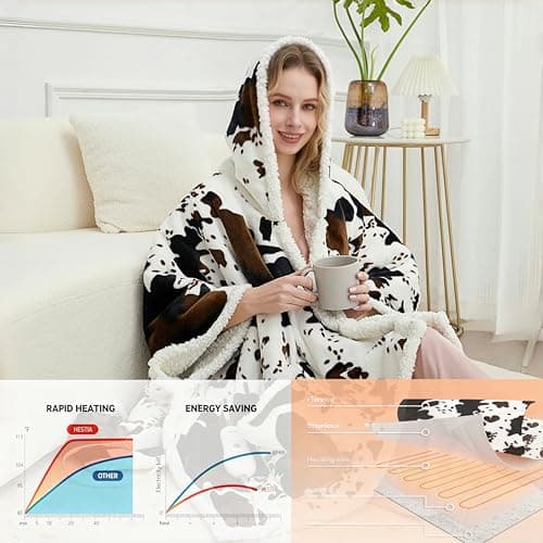 Heated Electric Blanket Shawl Cow Print Wearable Heated Blanket with Hood & Pocket, Winter Gifts for Adults, Soft Heating Blanket Throw with 4 Heat Levels & Auto Shut-Off, Cow Print, 50" x 64" - Thumbnail 4