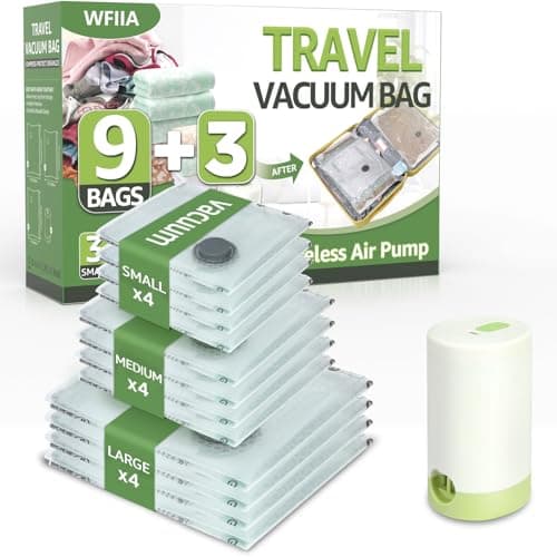12 Packs Vacuum Bags for Travel with Rechargeable air Pump, 3 Sizes Vacuum Seal Bags for Clothing, Space-Saving Compression Storage Bags for Travel & Closet Organization - Image 1