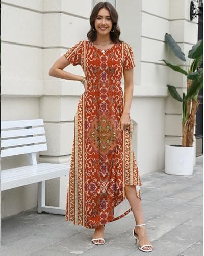 COSSEN Women’s Crewneck Short Sleeve Maxi Dress Red Boho Printed Medium with Pockets – Casual Loose Swing Sundress for Wedding Guest, Beach & Vacation - Thumbnail 3