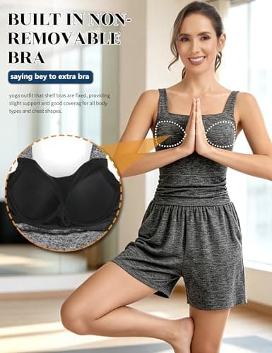 SLIMBELLE Built In Bra Athletic Rompers For Women Summer Square Neck Adjustable Strap Pleated Waist Pockets Short Jumpsuit One Piece Outfits BLACK-WHITE M - Thumbnail 3