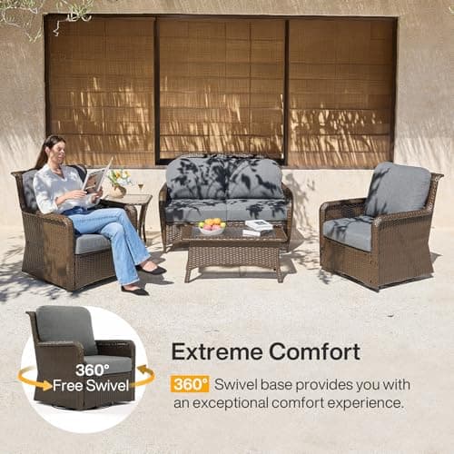 Tribesigns 5-Piece Outdoor Wicker Patio Furniture Set with 2 Swivel Chairs, 1 Loveseat & 2 Tables, Wicker Patio Chair Set with 26.8'' Deep Seat, Luxury Conversation Set for Porch, Yard, Brown/Gray - Thumbnail 3