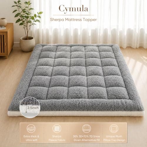 Cymula California King Mattress Topper, Sherpa Mattress Pad for Cal King Bed with 900GSM Down for Back Pain Extra Thick Mattress Cover Pillow Top with 8-21" Pockets, Grey - Thumbnail 3
