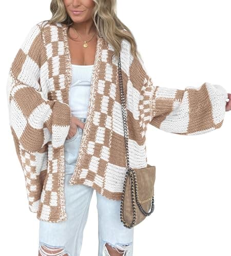 BTFBM Casual Cardigan Sweater for Women Fall 2026 Long Sleeve Open Front Chunky Knit Sweaters Checkered Outwear Coat(Light Khaki,XX-Large) - Image 1