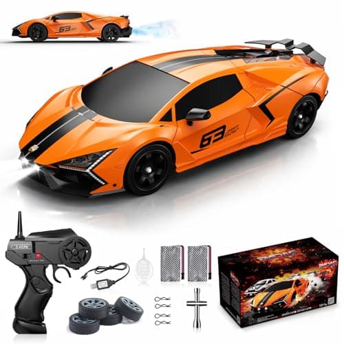 Remote Control Car RC Drift Car 1:16 Scale 4WD 18KM/H High Speed Model Vehicle 2.4GHz with LED Lights Spray Rubber Tire Racing Sport Toy for Adults Boys Girls Kids Gift 2Pcs Rechargeable Batteries