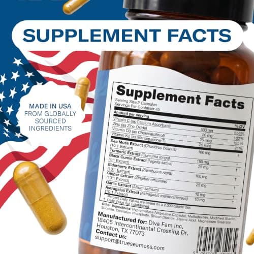 TrueSeaMoss Sea Moss Capsules – Immune Support – Sea Moss, Vitamin C, D3, Elderberry, Zinc, Turmeric, Astragalus – 90 Capsules (45 Servings) - Thumbnail 2
