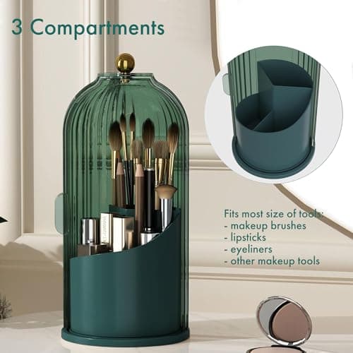 ZHUSSZHU Makeup Brush Holder with Lid Cosmetic Tools Organizer 360 Rotating Waterproof Dustproof Beauty Brushes Storage for Vanity, White Malachite green - Thumbnail 2