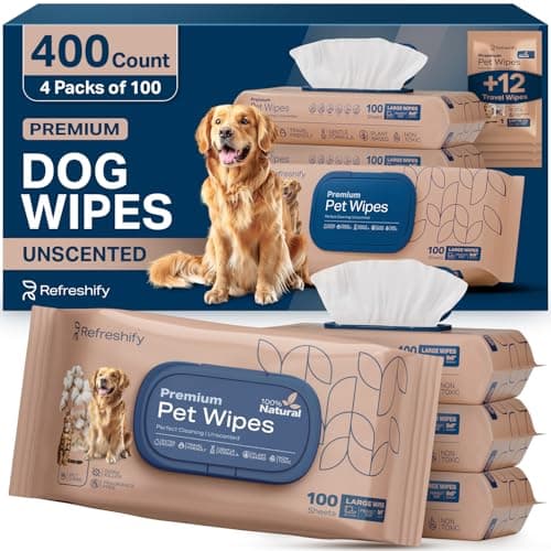 REFRESHIFY Dog Wipes for Paws and Butt - Plant Based Unscented (Pack of 400) - Pet Wipes for Dogs and Cats - Deodorizing Non Toxic Dog Wipes, +12 Additional Travel Wipes