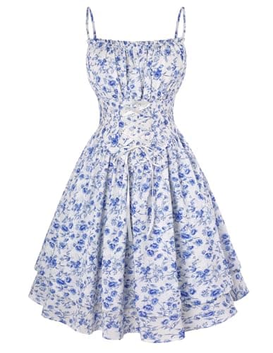 Scarlet Darkness Women Corset Floral Dress Spaghetti Strap Mini Sundress for Teens Blue S - Image 1