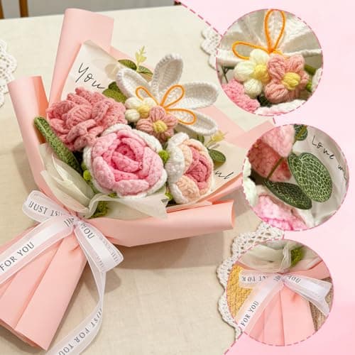 Tikitup Crochet Flowers Bouquet, Handmade Knitted Flowers Pink Crochet Bouquet for Lover, Family,Friends. Crochet Bouquet, Crocheted Yarn Flowers, Artificial Flower Finished Bouquet - Thumbnail 2