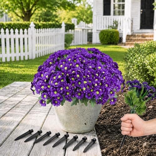 Artificial Flowers for Outdoors with Ground Spikes, 14 Stems Large Daisy Fake Flowers, Silk Faux Flowers for Outdoor Planters, Garden, Porch, Window Box & Cemetery Decor, 8 Bundles(Dark Purple)